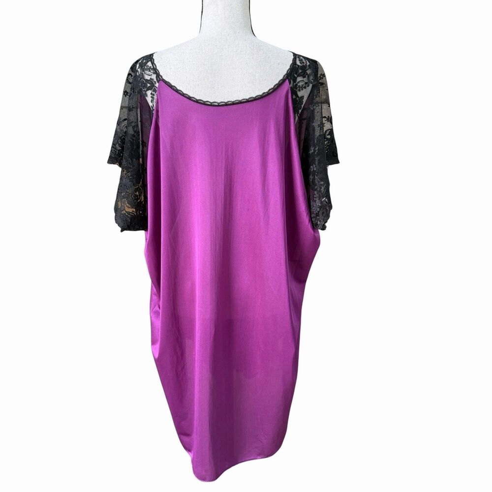 VTG 70s Petra Fashions 3X Purple Nylon Nightgown Black Lace Batwing USA Plus Sz